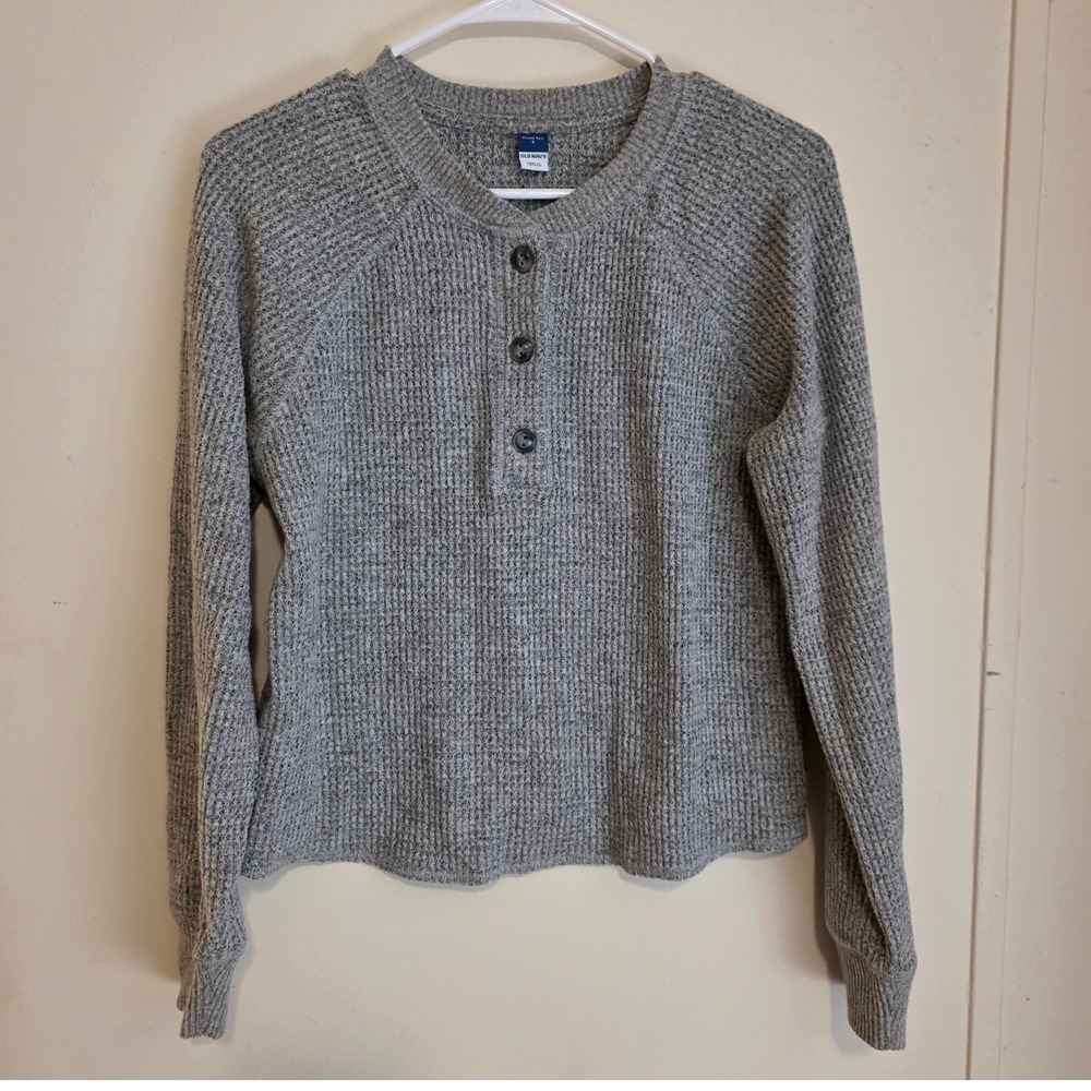 Old Navy Womens Plush Tee Waffle Knit Henley Top Size Small Gray Long Sleeve
